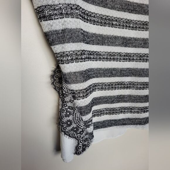 IZ Byer Black White Stripe Mixed Media Blouse Top Lace Knit Semi Sheer Size XL - Picture 8 of 13